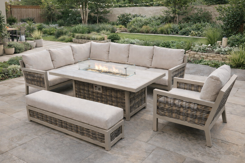 Loom Ecru Large Rectangular Corner Sofa Set with Firepit Table and Armchair