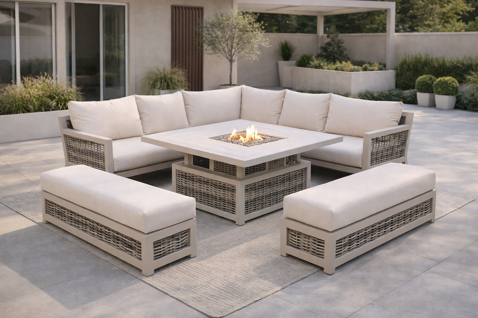 Loom Ecru Corner Sofa Set with Firepit Table