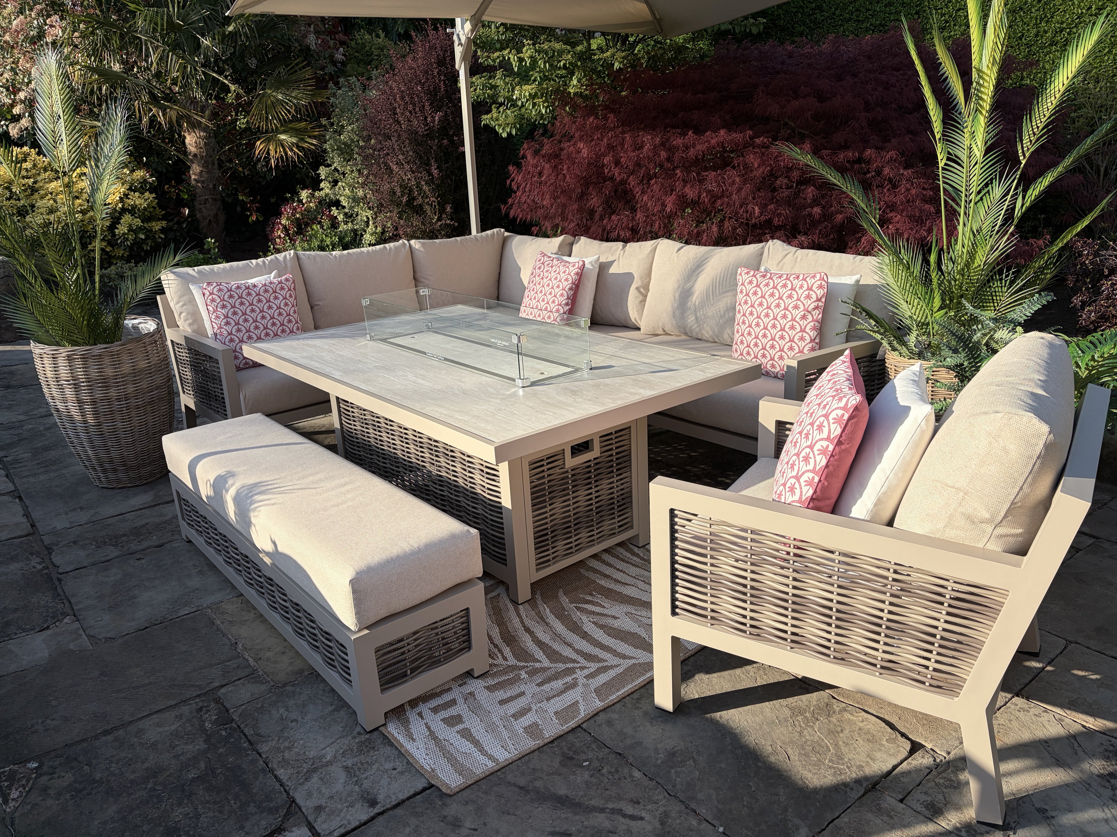 Loom Ecru Large Rectangular Corner Sofa Set with Firepit Table and Armchair