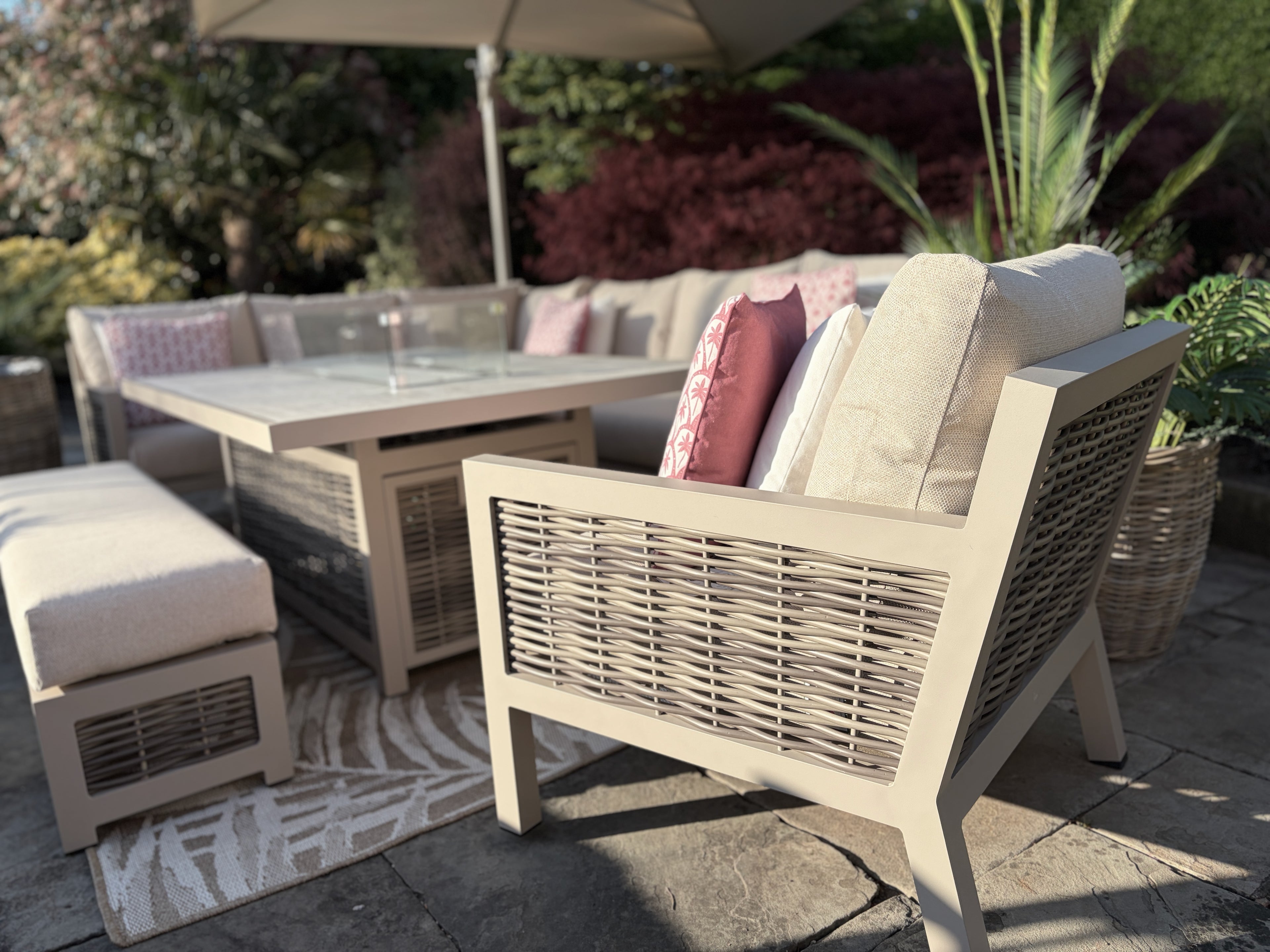 Loom Ecru Large Rectangular Corner Sofa Set with Firepit Table and Armchair